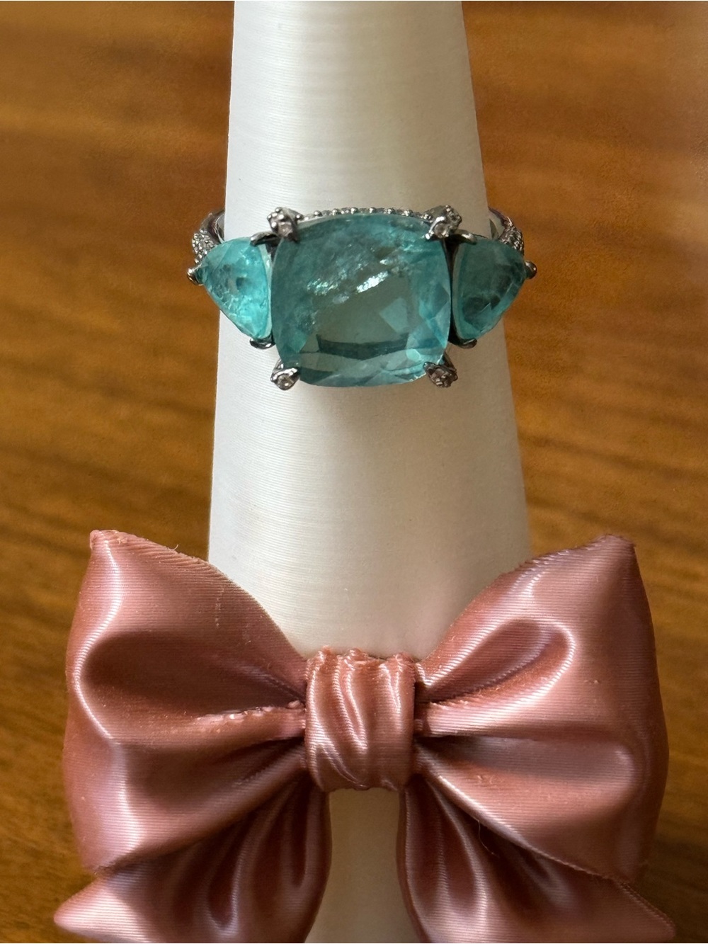 Aquamarine Cushion Trio Stone Ring - Blue Green
